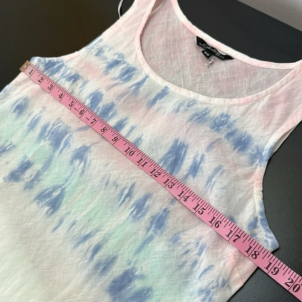 Charlie B Linen Ruffle Hi Low Hem Dress M Tie Dyed Pastel Pink Blue‎ Slee…